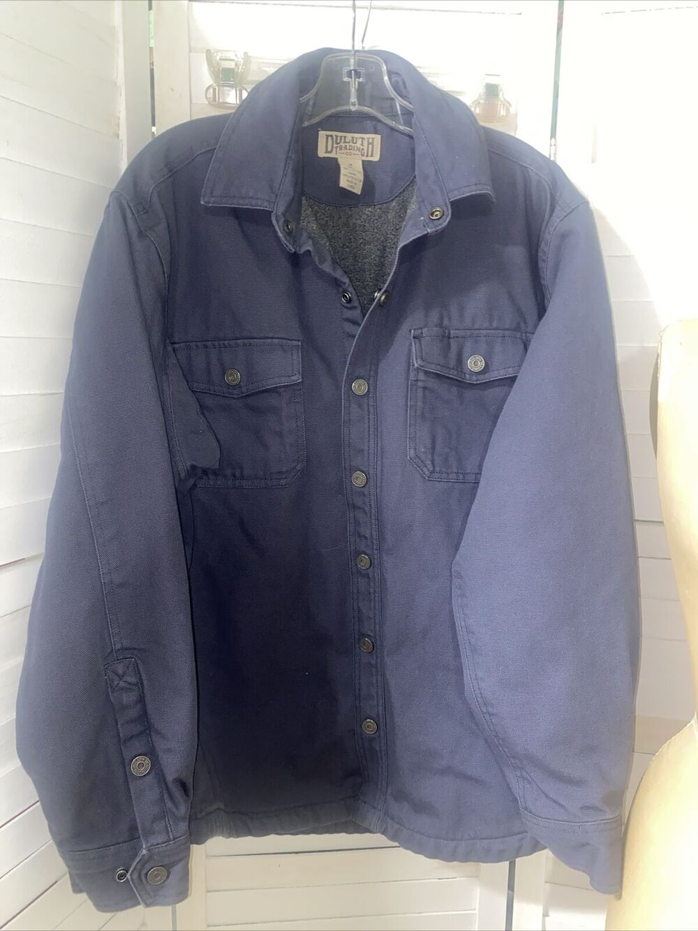 Duluth Trading Gray Denim Fleece Lined Barn Jacket Pockets Snaps Medium